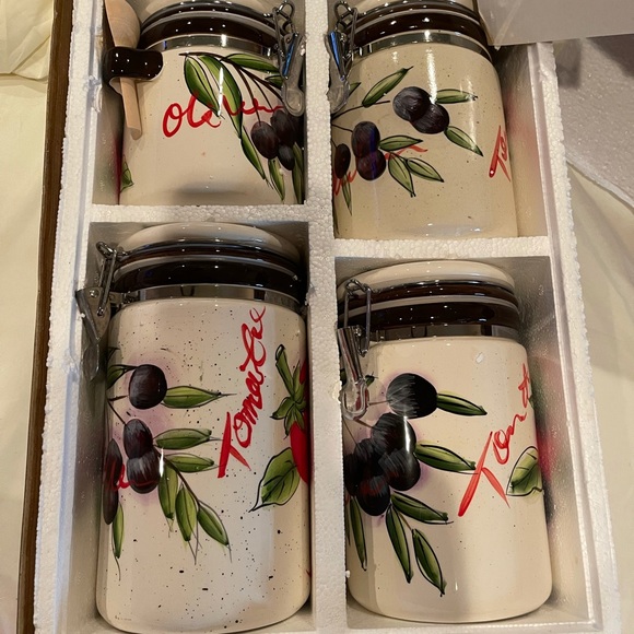 4pc hand painted locking canister jar set w/spoons - Picture 9 of 16